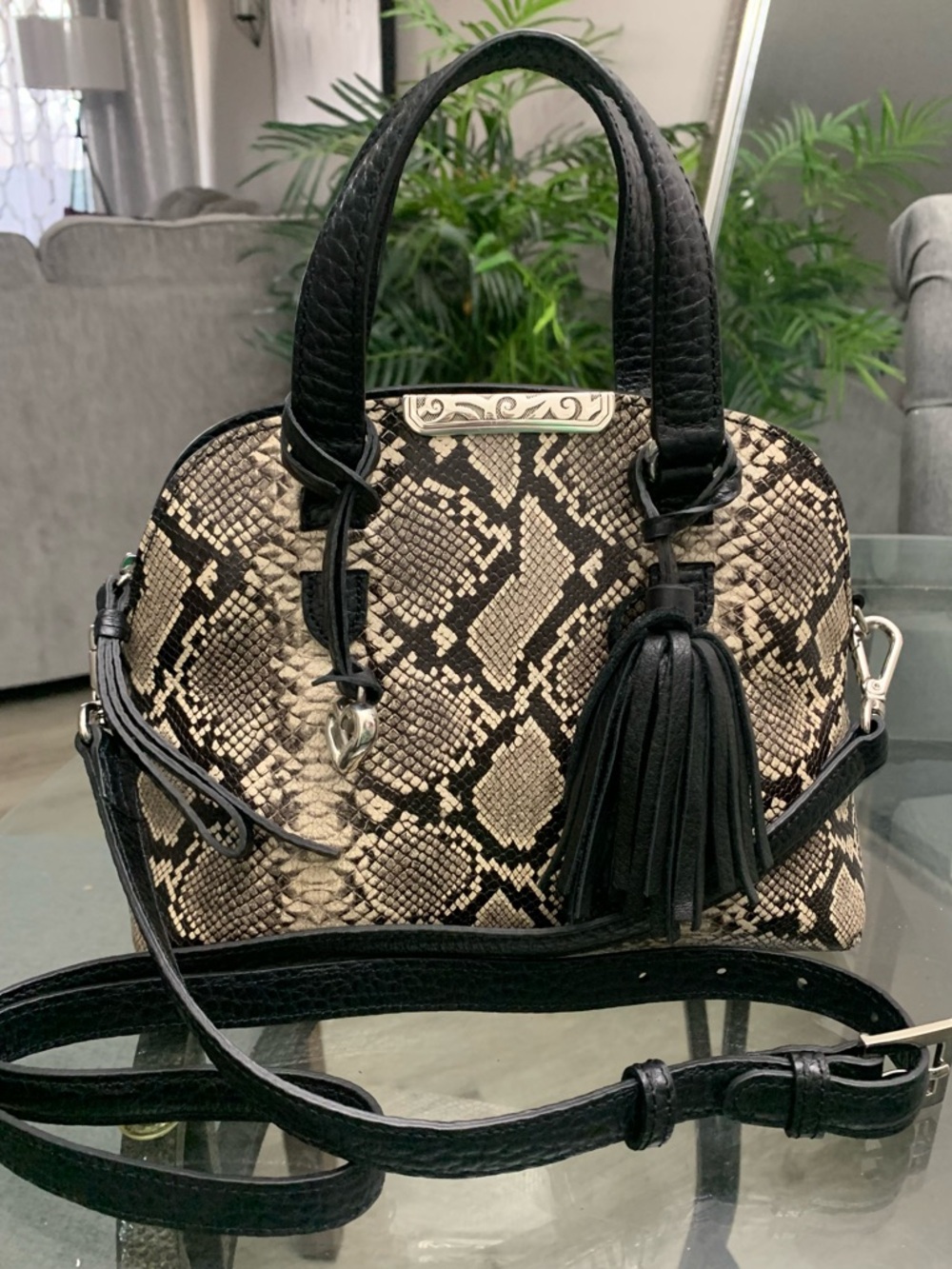 Brighton Harley Domed Leather Snake-Print Satchel crossbody in Black & Cream